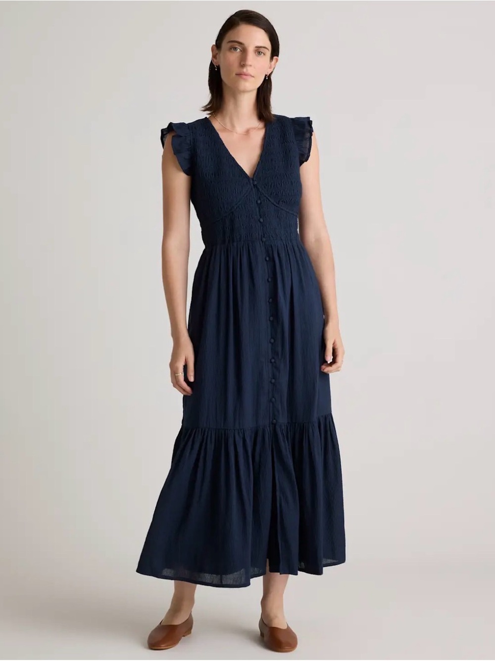 Quince Navy V-Neck Button-Front Maxi Dress with Ruffle Sleeves